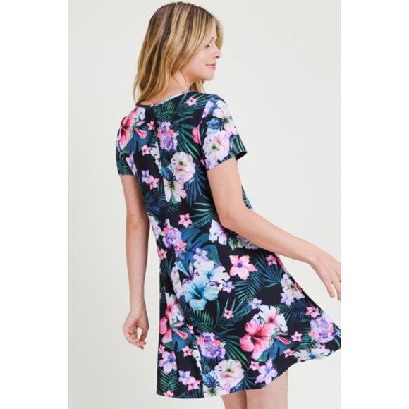 Women's Tropical Floral Print Fit Flare Dress BLK - Picture 4 of 7